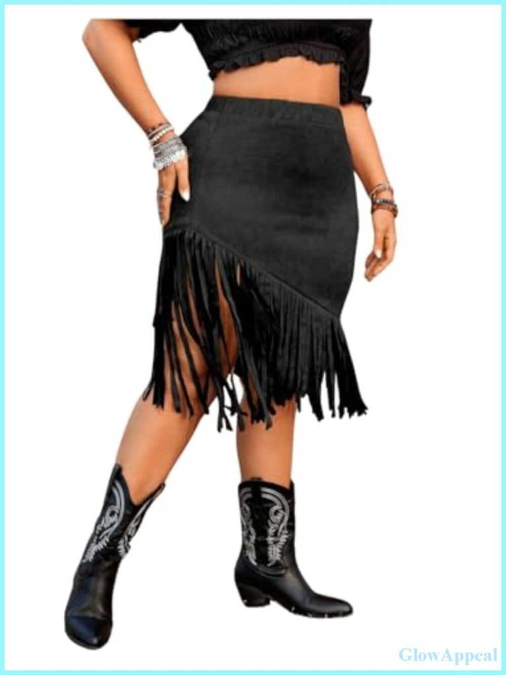 Plus Size Fringe Trim Midi Skirt Elastic Waist Western Cowgirl Asymmetrical Hem